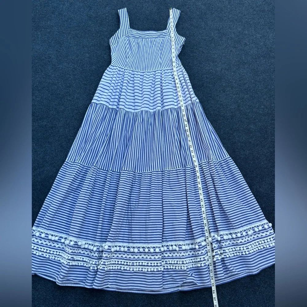 CK Bradley Blue White Striped Tiered Maxi Dress
Pockets Pompoms Medium flaw - Picture 9 of 15